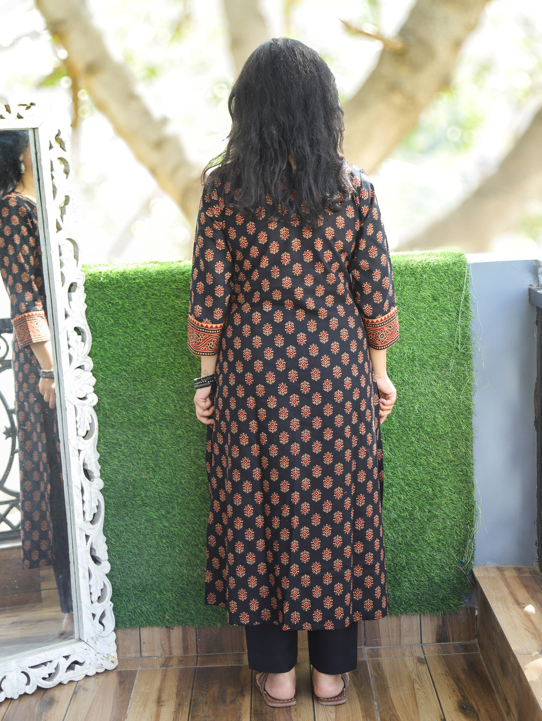 Mehram Ebony Black Running Thread Yoke in Panel Style Ajrak Printed Cotton Kurti