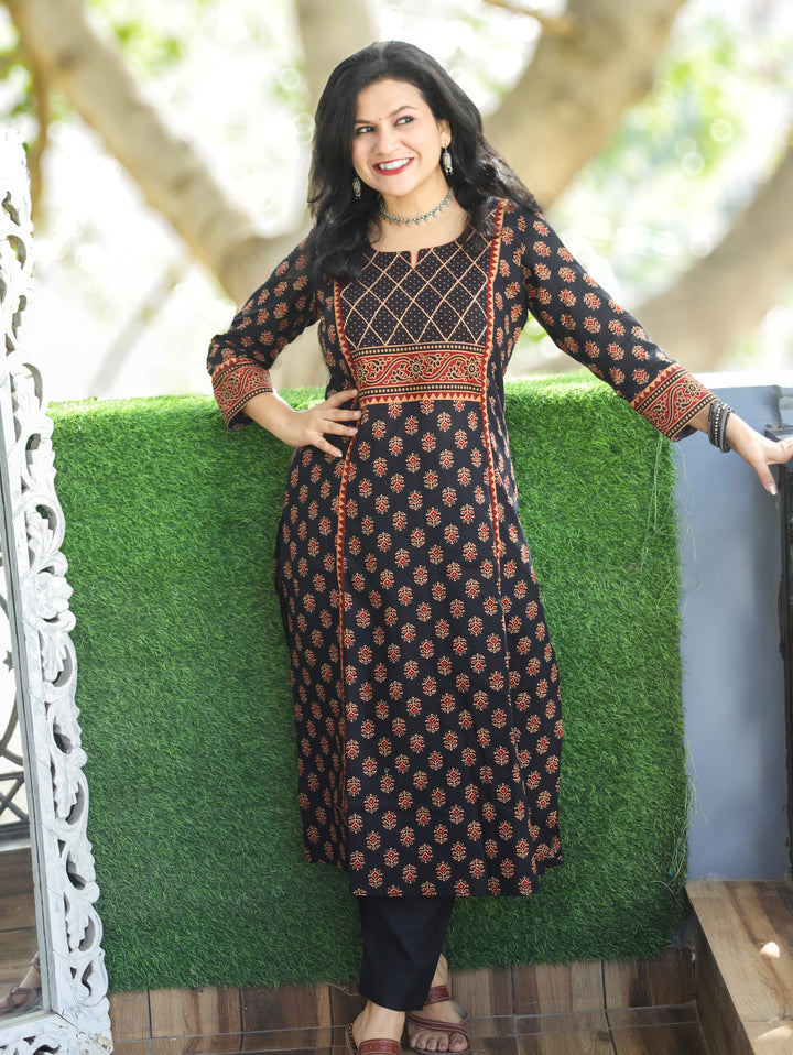 Mehram Ebony Black Running Thread Yoke in Panel Style Ajrak Printed Cotton Kurti