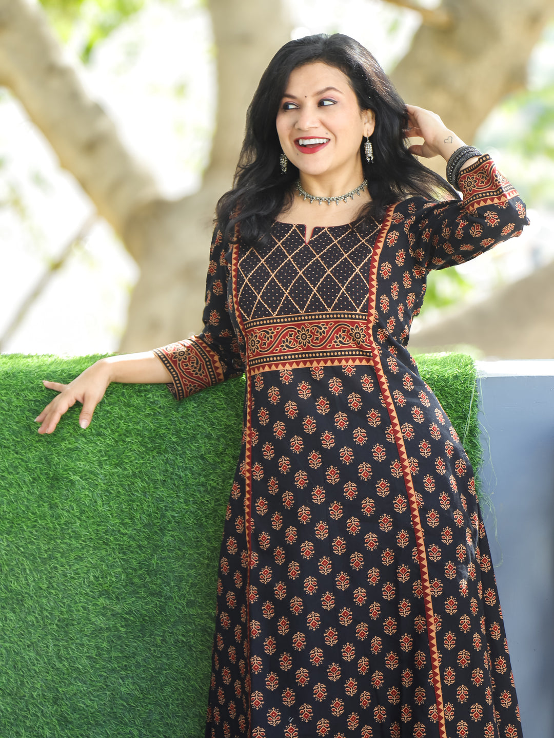 Mehram Ebony Black Running Thread Yoke in Panel Style Ajrak Printed Cotton Kurti