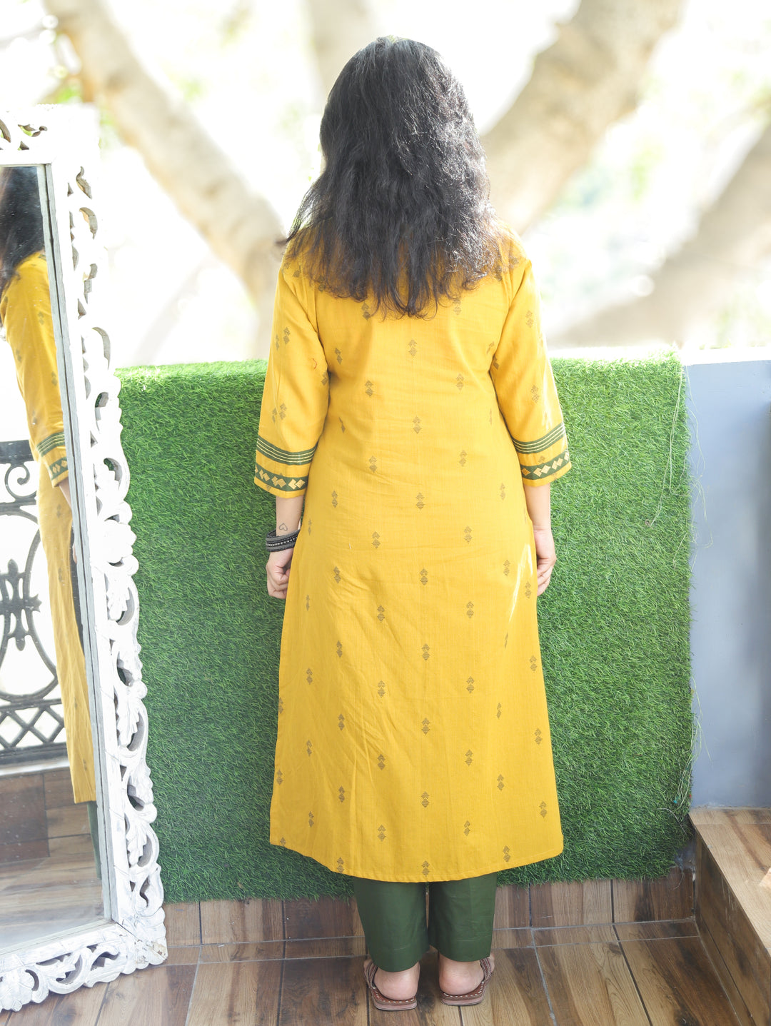 Aruroopi Canary Yellow V Neck with Mirror and Thread Wevaed South Cotton Kurti