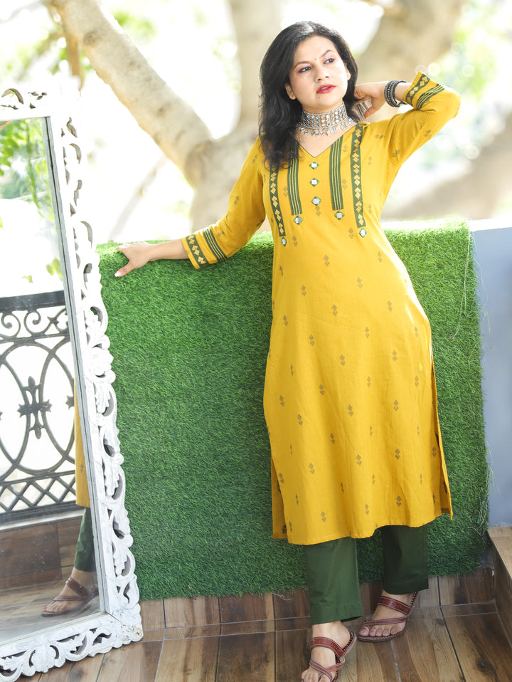 Aruroopi Canary Yellow V Neck with Mirror and Thread Wevaed South Cotton Kurti