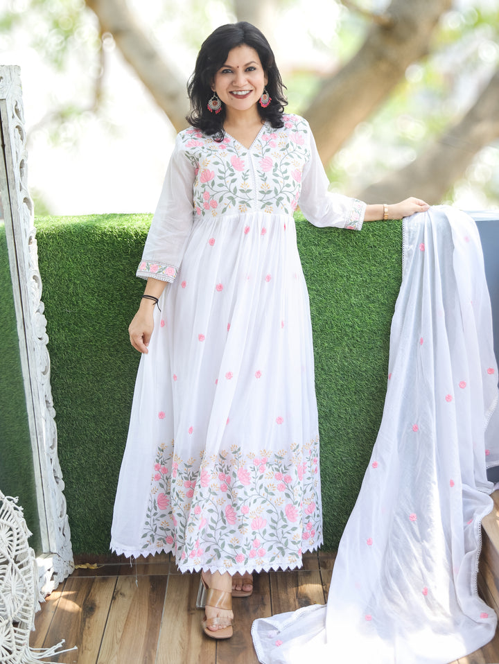 Chloe White Anarkali Mul Cotton 3 Piece Set