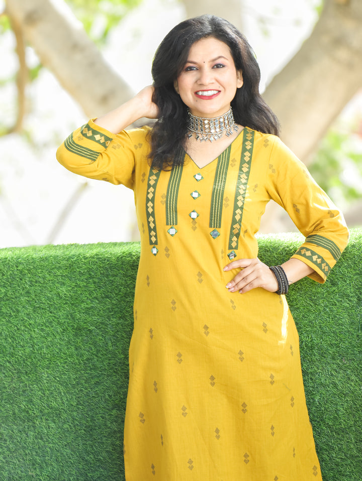 Aruroopi Canary Yellow V Neck with Mirror and Thread Wevaed South Cotton Kurti