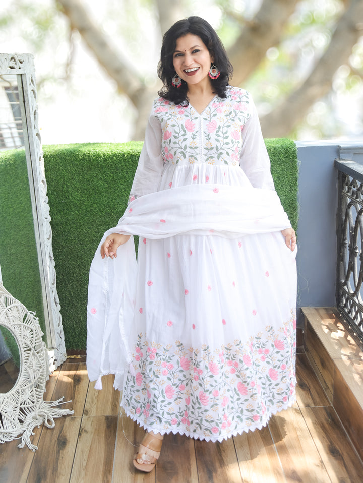 Chloe White Anarkali Mul Cotton 3 Piece Set