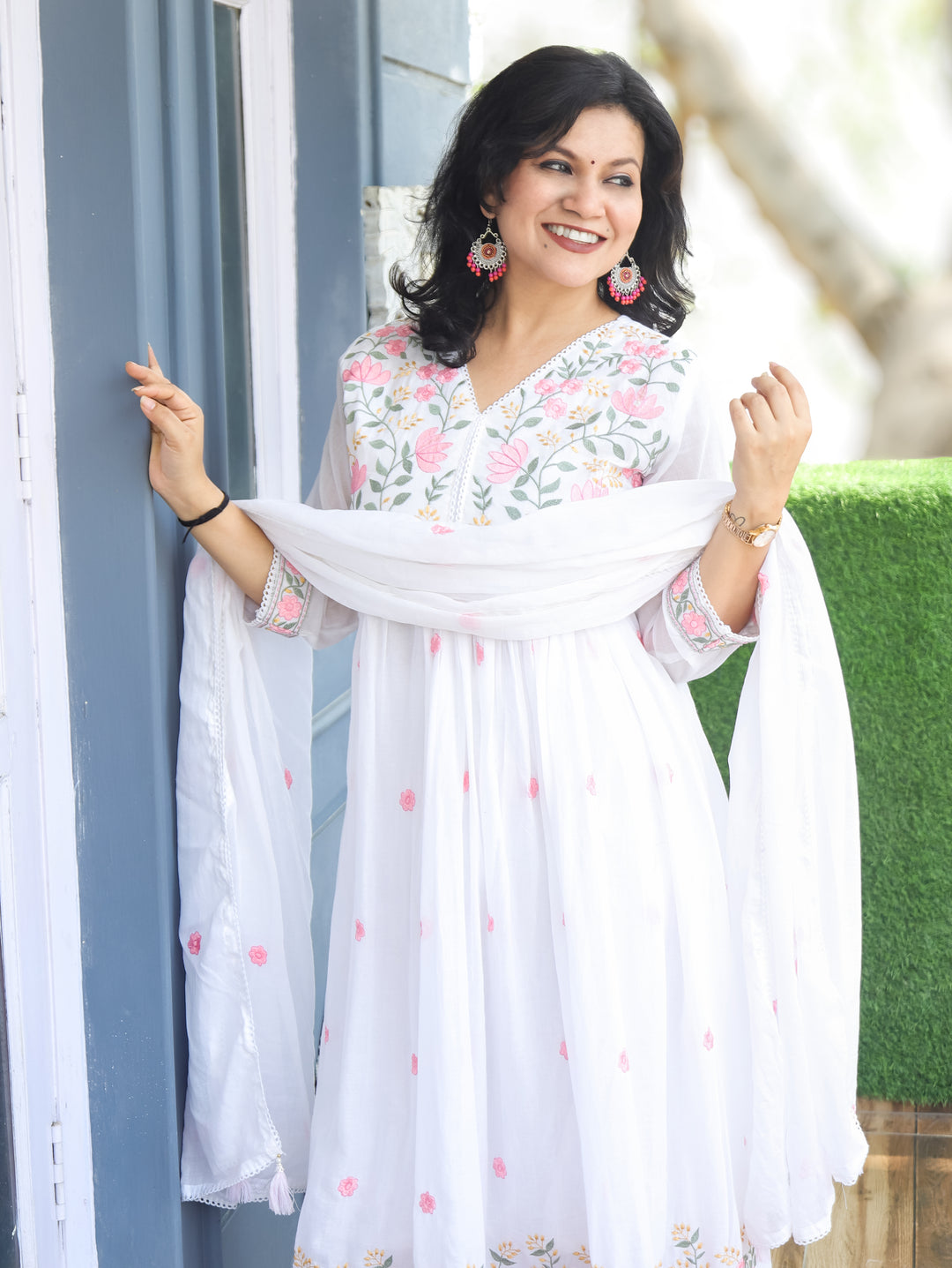 Chloe White Anarkali Mul Cotton 3 Piece Set