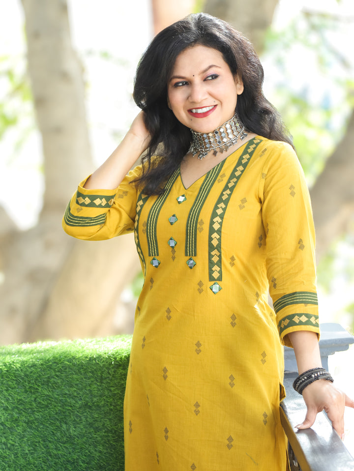 Aruroopi Canary Yellow V Neck with Mirror and Thread Wevaed South Cotton Kurti