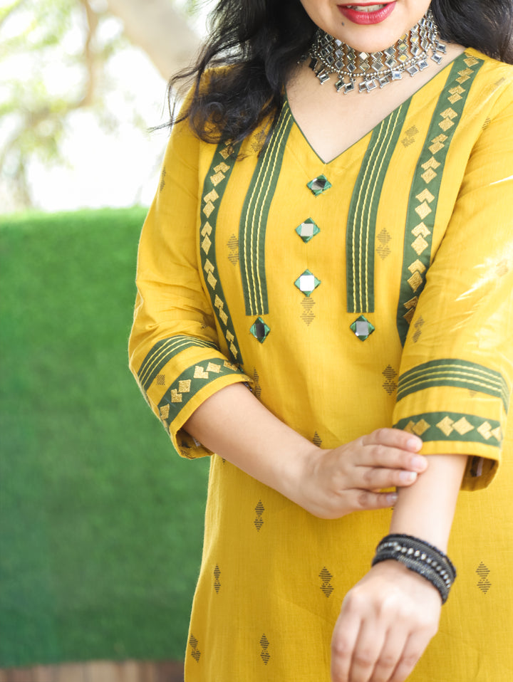 Aruroopi Canary Yellow V Neck with Mirror and Thread Wevaed South Cotton Kurti
