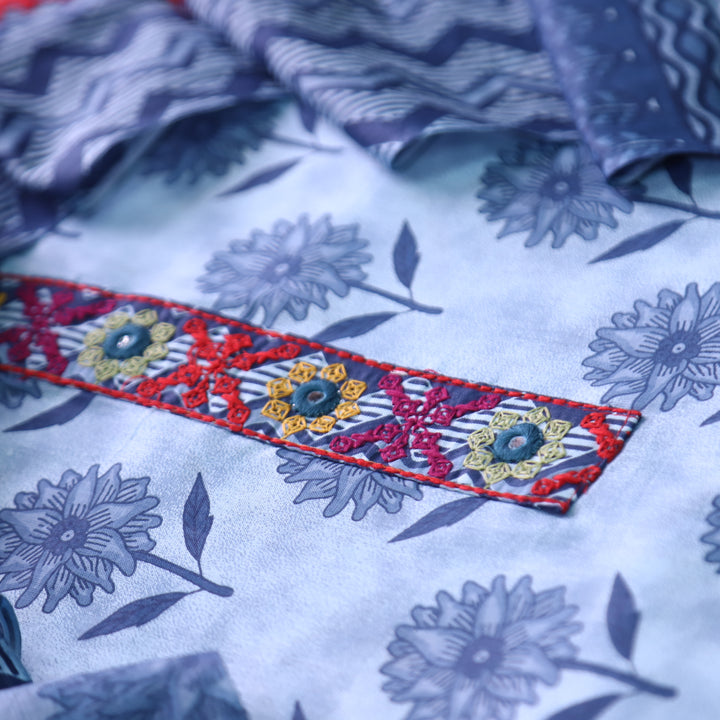 Rajmoli Amber Blue Dabu Printed Embriodered Detailing Cotton Set