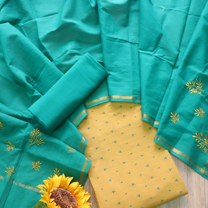 पतझड़ Dandelion Yellow Thread Weaved Handloom Cotton Suit with Teal Dupatta