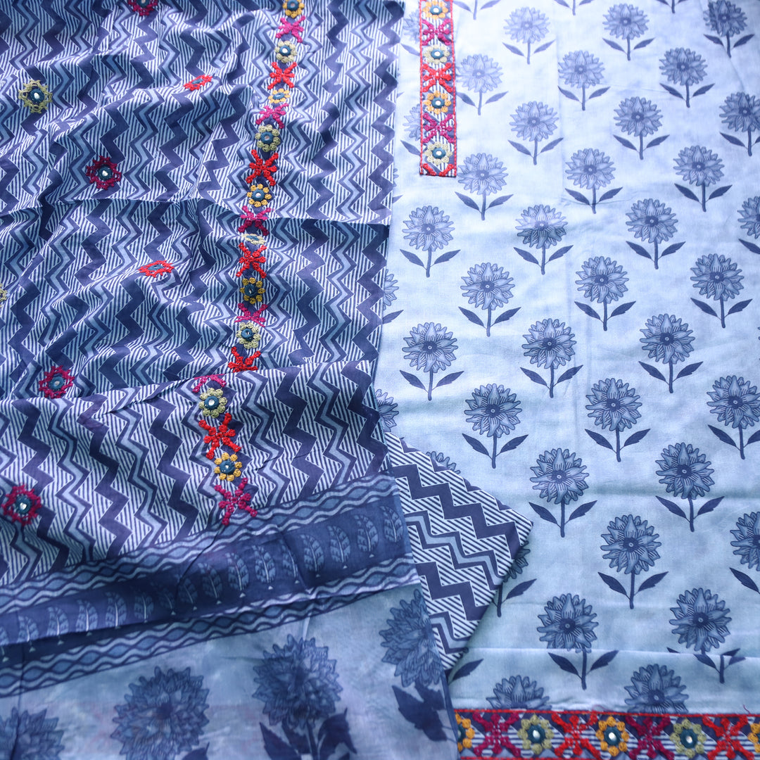 Rajmoli Amber Blue Dabu Printed Embriodered Detailing Cotton Set