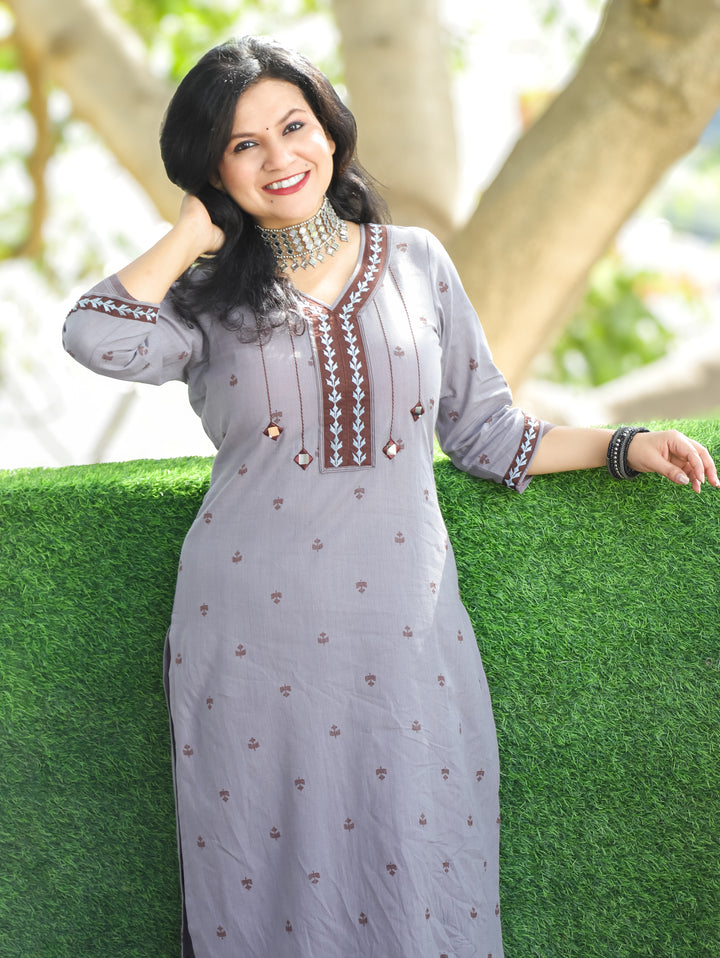 Aruroopi Slate Grey V Neck with Mirror and Thread Wevaed South Cotton Kurti