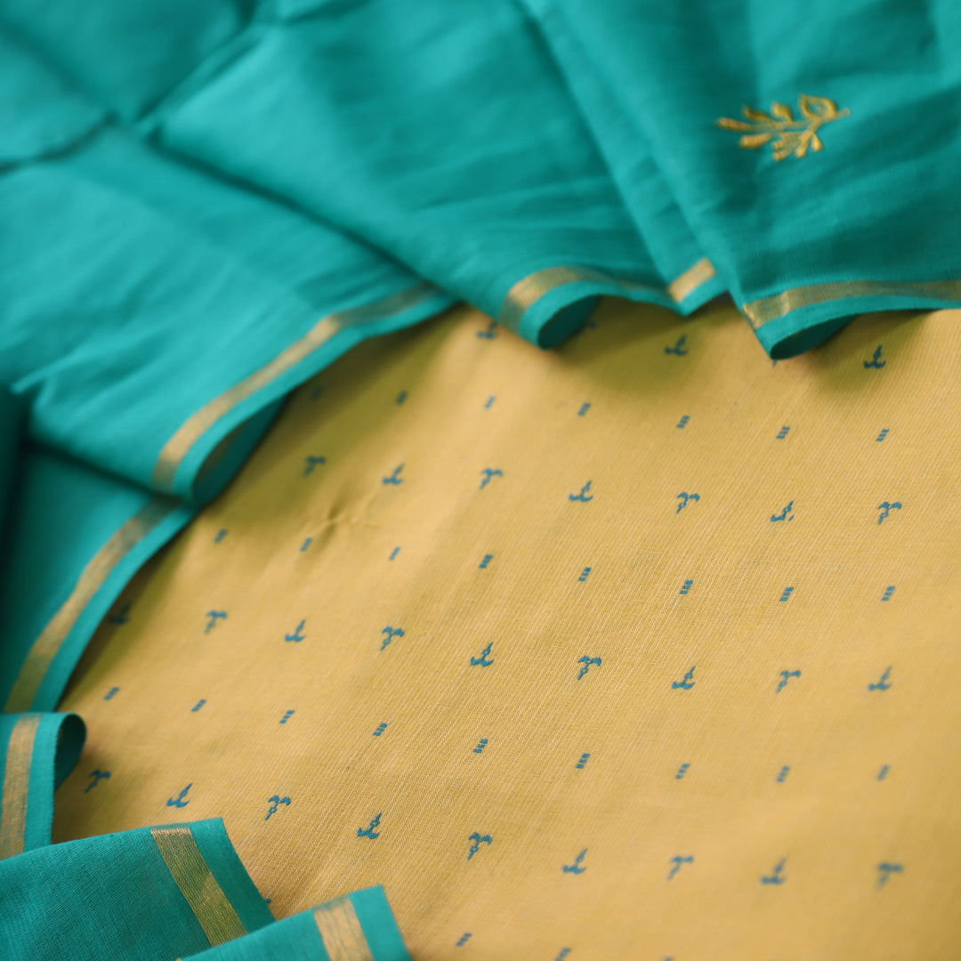 पतझड़ Dandelion Yellow Thread Weaved Handloom Cotton Suit with Teal Dupatta