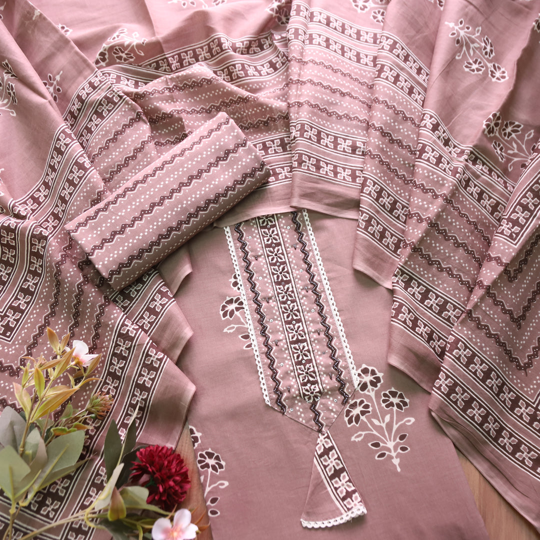 Soni Tan Beige Moti Work Patch Dabu Printed Cotton Set