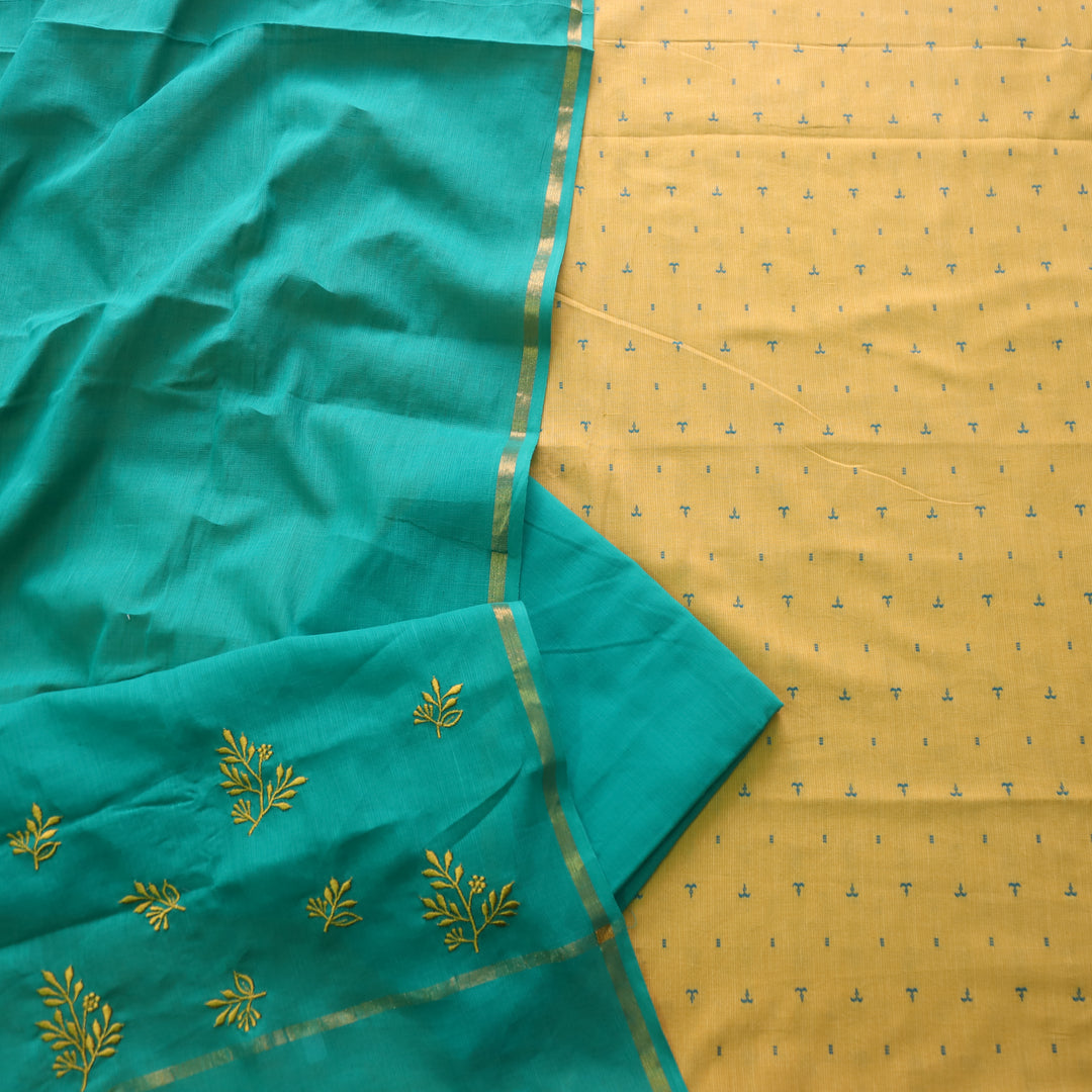 पतझड़ Dandelion Yellow Thread Weaved Handloom Cotton Suit with Teal Dupatta