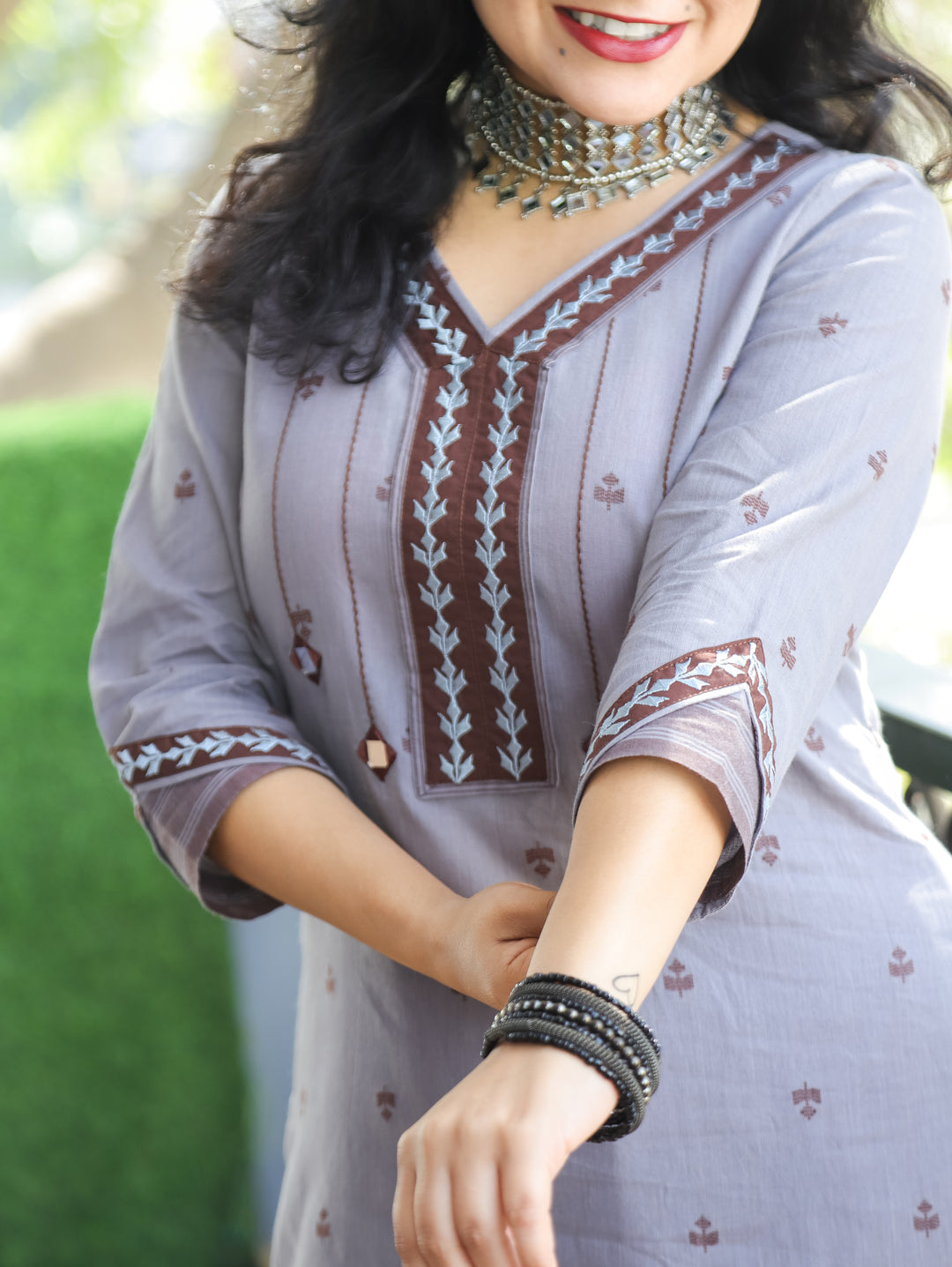 Aruroopi Slate Grey V Neck with Mirror and Thread Wevaed South Cotton Kurti