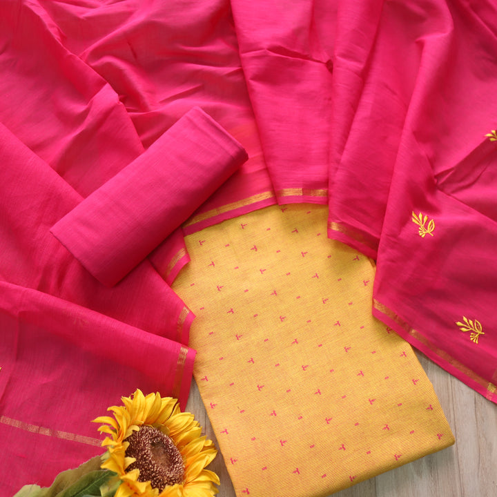 पतझड़ Dandelion Yellow Thread Weaved Handloom Cotton Suit with Pink Dupatta