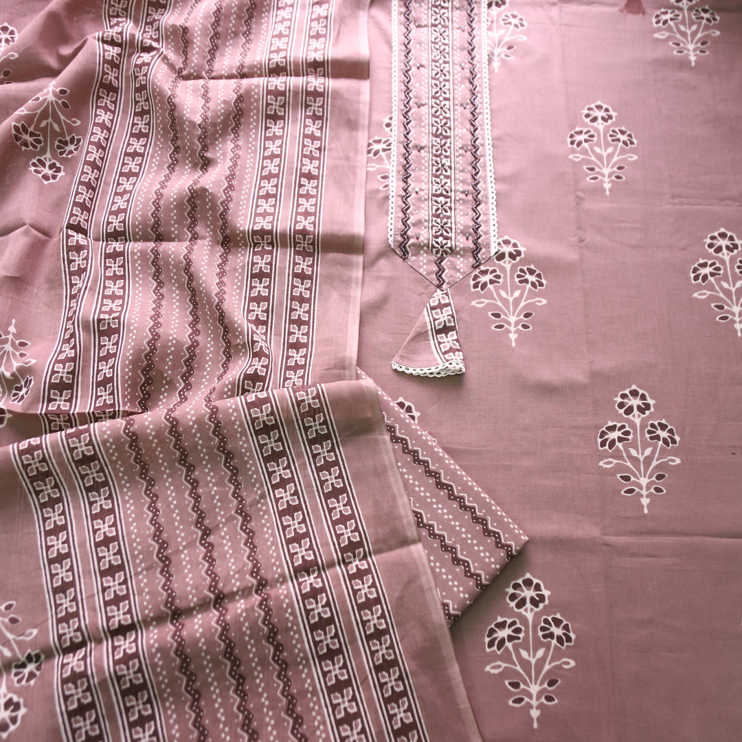 Soni Tan Beige Moti Work Patch Dabu Printed Cotton Set