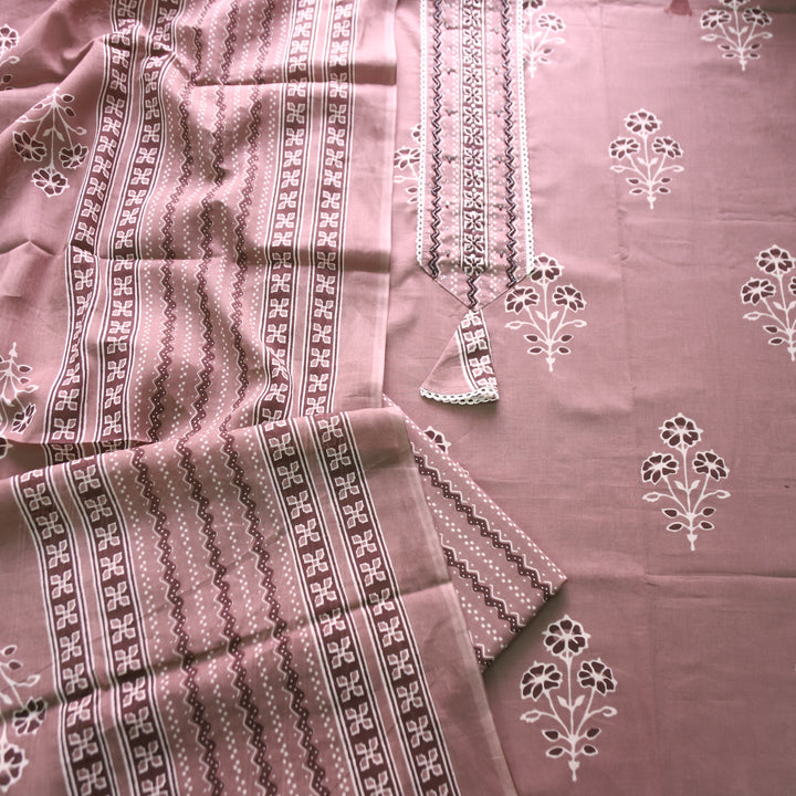 Soni Tan Beige Moti Work Patch Dabu Printed Cotton Set