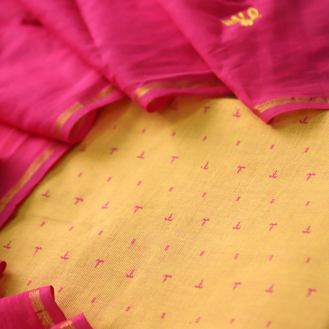 पतझड़ Dandelion Yellow Thread Weaved Handloom Cotton Suit with Pink Dupatta