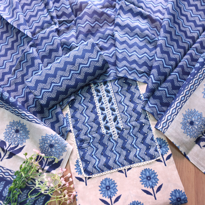 Sunaina Indigo Blue Moti Work Zig-Zag Yoke Floral Printed Cotton Set