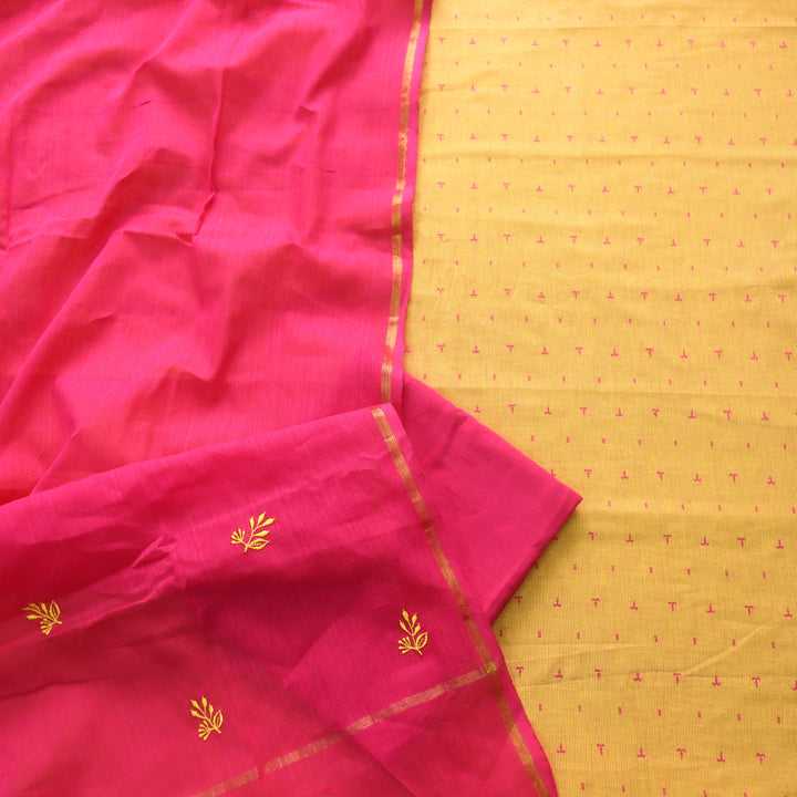 पतझड़ Dandelion Yellow Thread Weaved Handloom Cotton Suit with Pink Dupatta