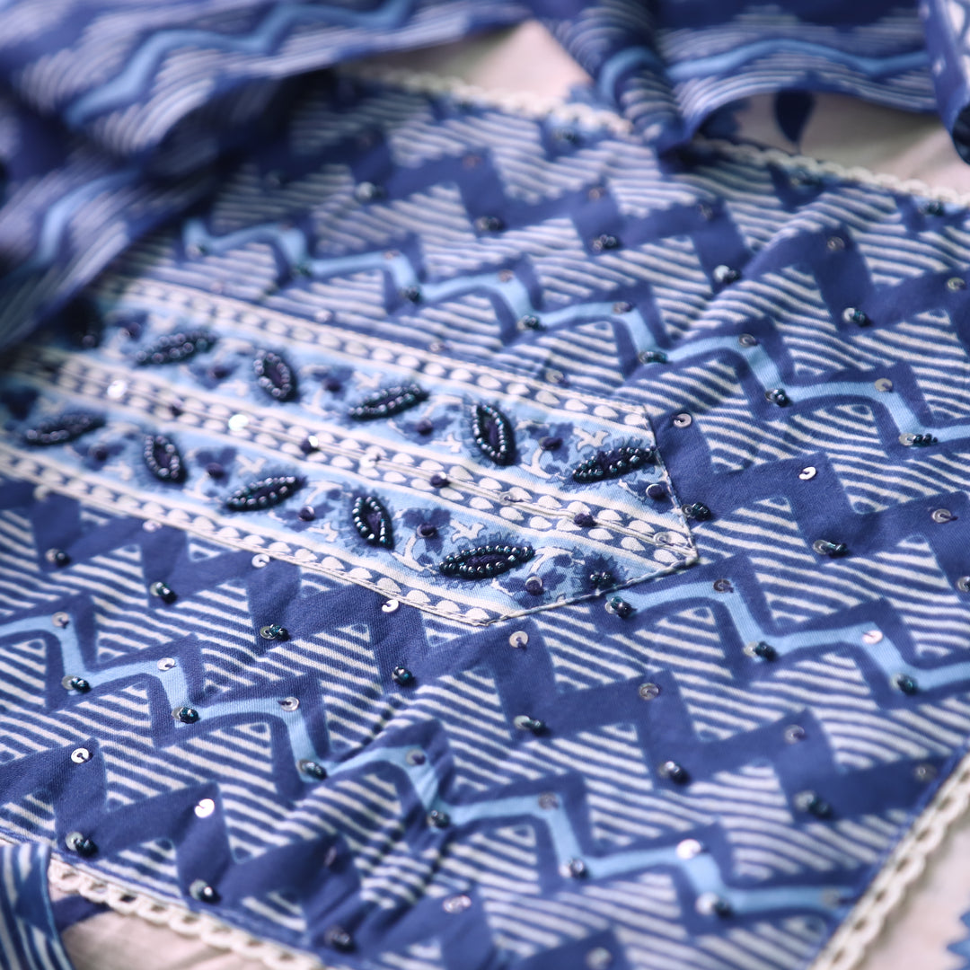 Sunaina Indigo Blue Moti Work Zig-Zag Yoke Floral Printed Cotton Set