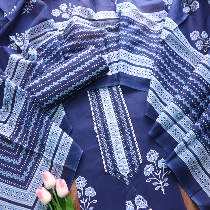 Soni Navy Blue Moti Work Patch Dabu Printed Cotton Set