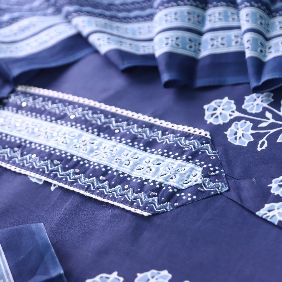 Soni Navy Blue Moti Work Patch Dabu Printed Cotton Set