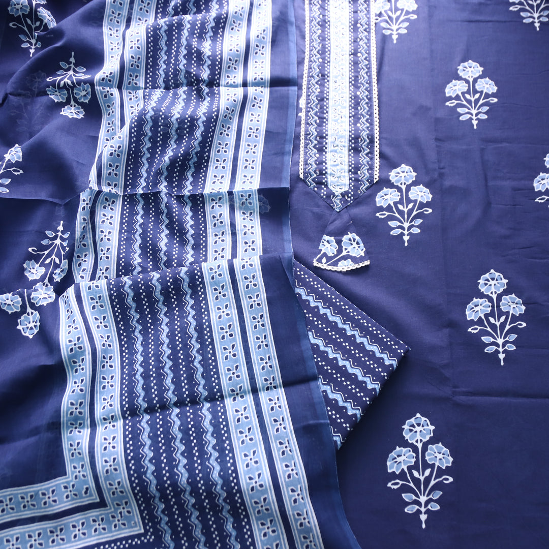 Soni Navy Blue Moti Work Patch Dabu Printed Cotton Set