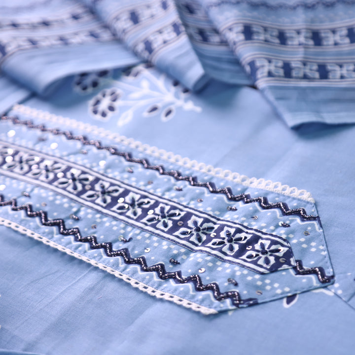 Soni Amber Blue Moti Work Patch Dabu Printed Cotton Set
