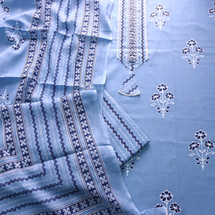 Soni Amber Blue Moti Work Patch Dabu Printed Cotton Set