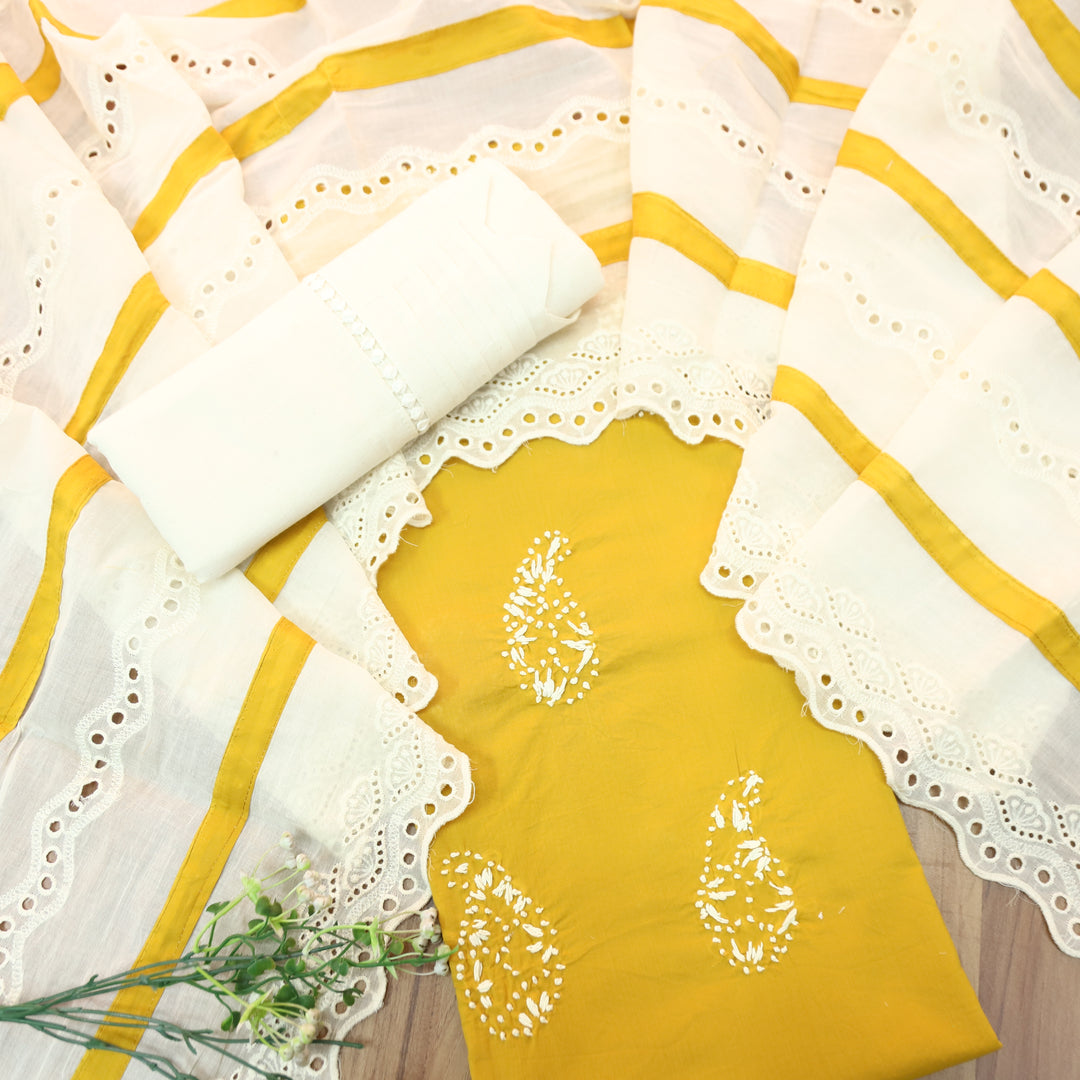 Jiya Sunflower Yellow French Knot Detailing Cotton Set