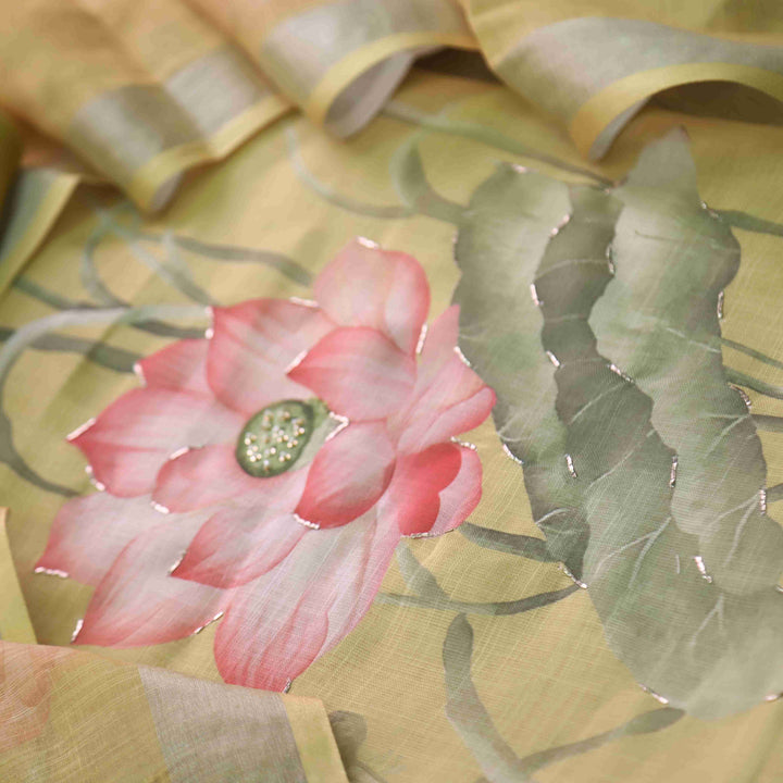 Himayati Butter Yellow Floral Printed with Moti Detailing Cotton linen Suit Set