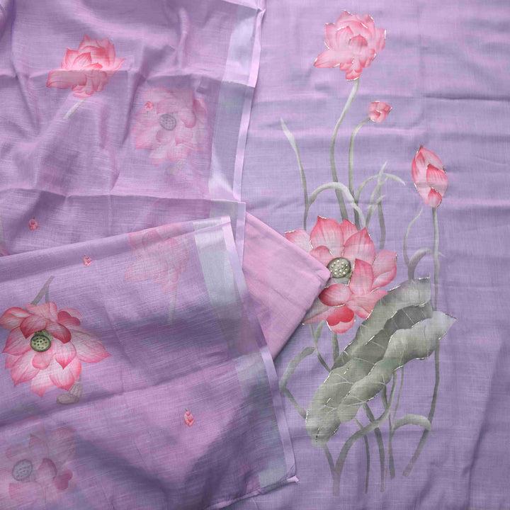 Himayati Lavender Floral Printed with Moti Detailing Cotton linen Suit Set