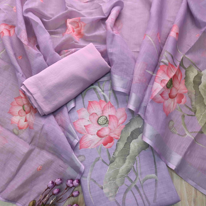 Himayati Lavender Floral Printed with Moti Detailing Cotton linen Suit Set