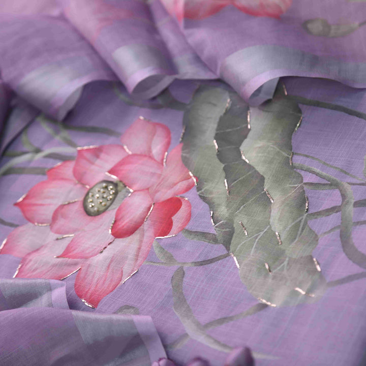 Himayati Lavender Floral Printed with Moti Detailing Cotton linen Suit Set