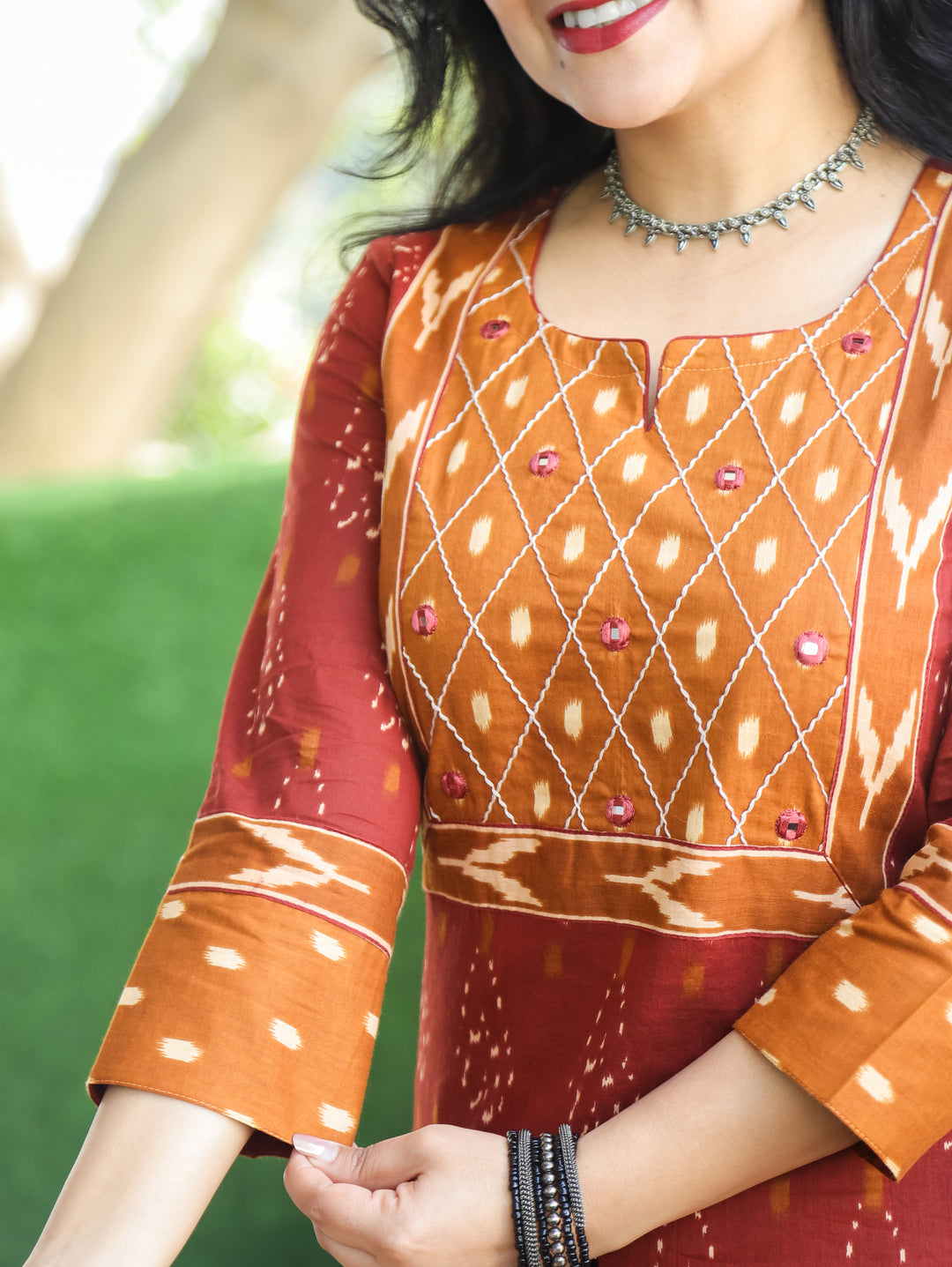 Kesariya Barn Rust with Peanut Yoke with Mirror Work Ikkat Printed Cotton Kurti