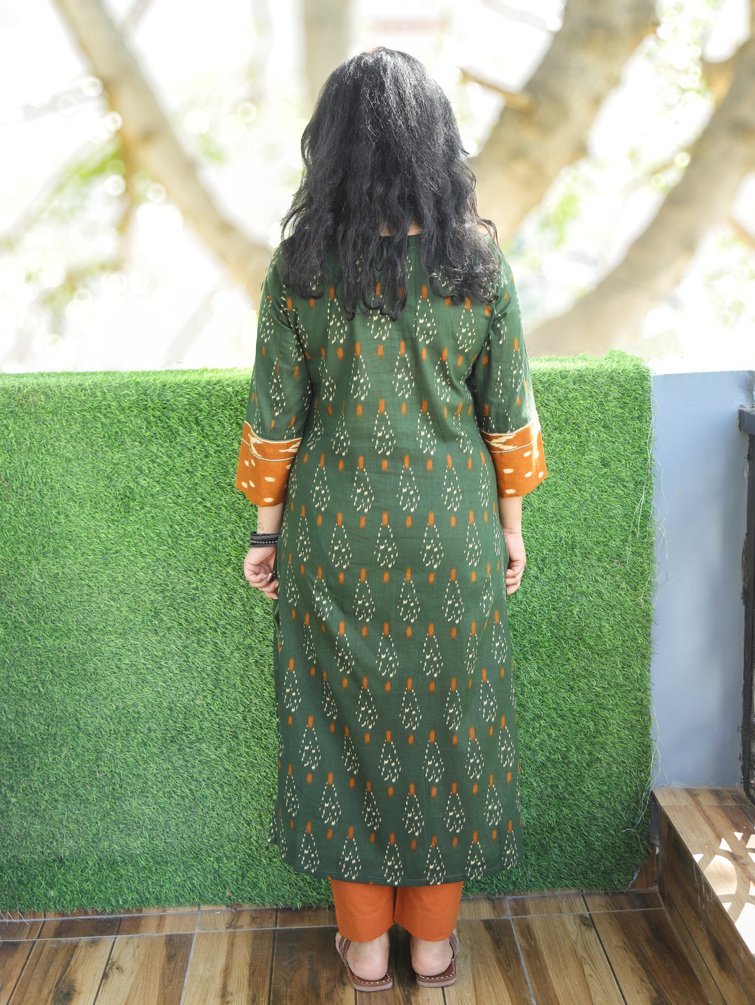 Kesariya Pine Green with Peanut Yoke with Mirror Work Ikkat Printed Cotton Kurti