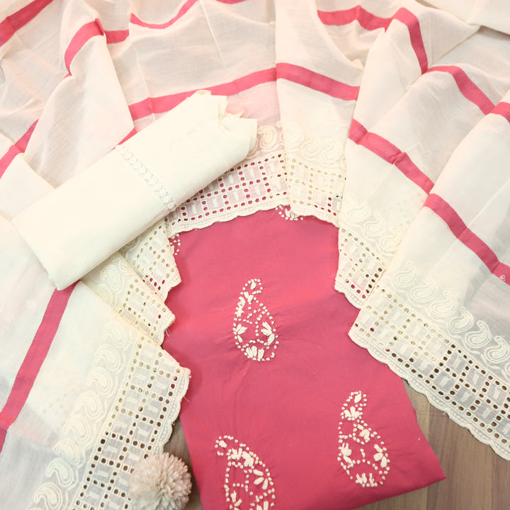 Jiya Flamingo Pink French Knot Detailing Cotton Set