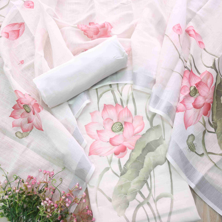 Himayati Pearl White Floral Printed with Moti Detailing Cotton linen Suit Set