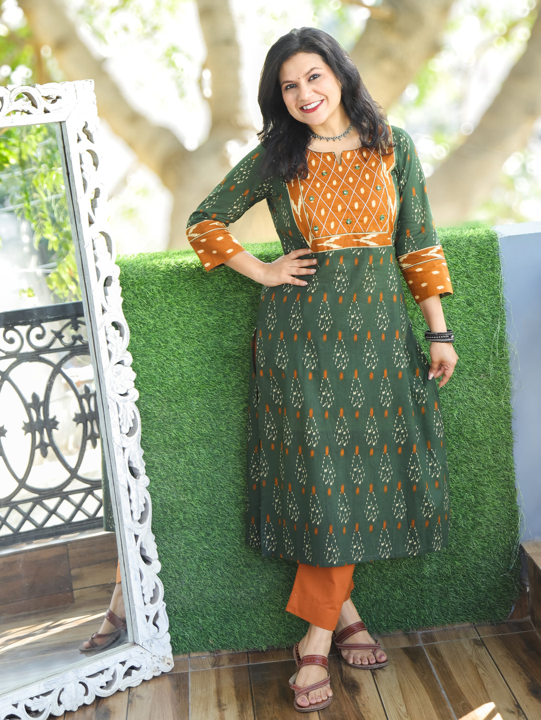 Kesariya Pine Green with Peanut Yoke with Mirror Work Ikkat Printed Cotton Kurti