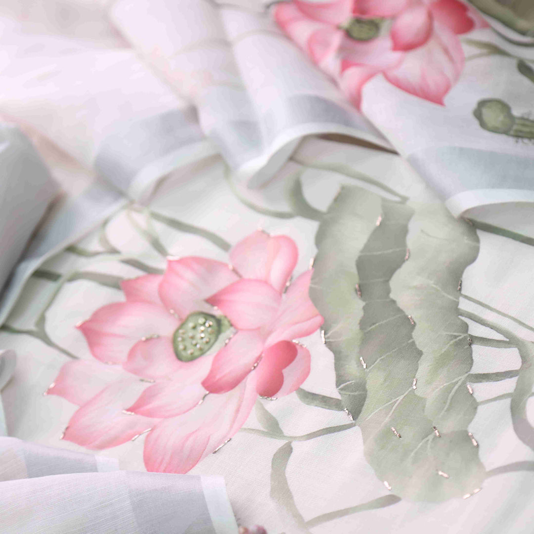 Himayati Pearl White Floral Printed with Moti Detailing Cotton linen Suit Set