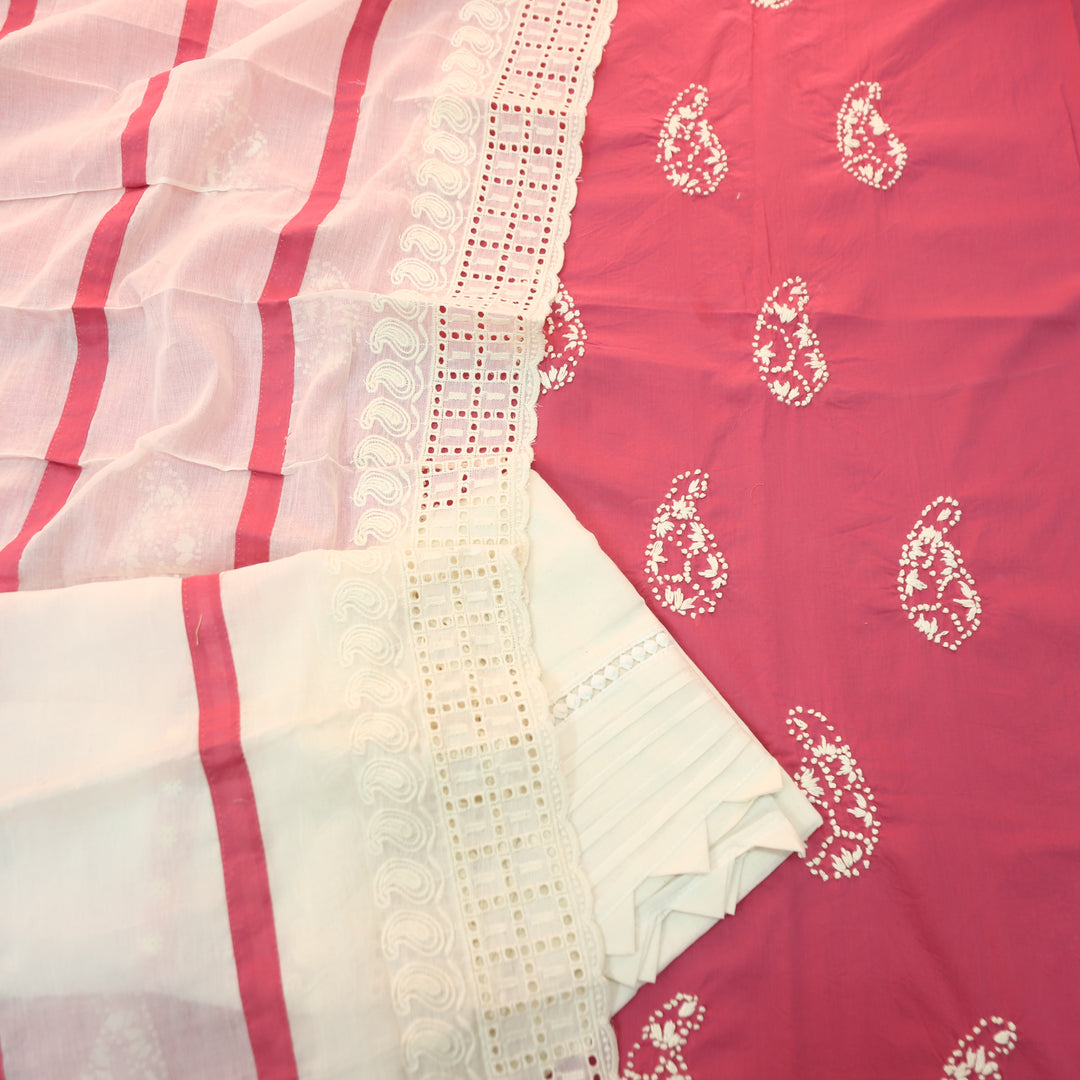 Jiya Flamingo Pink French Knot Detailing Cotton Set