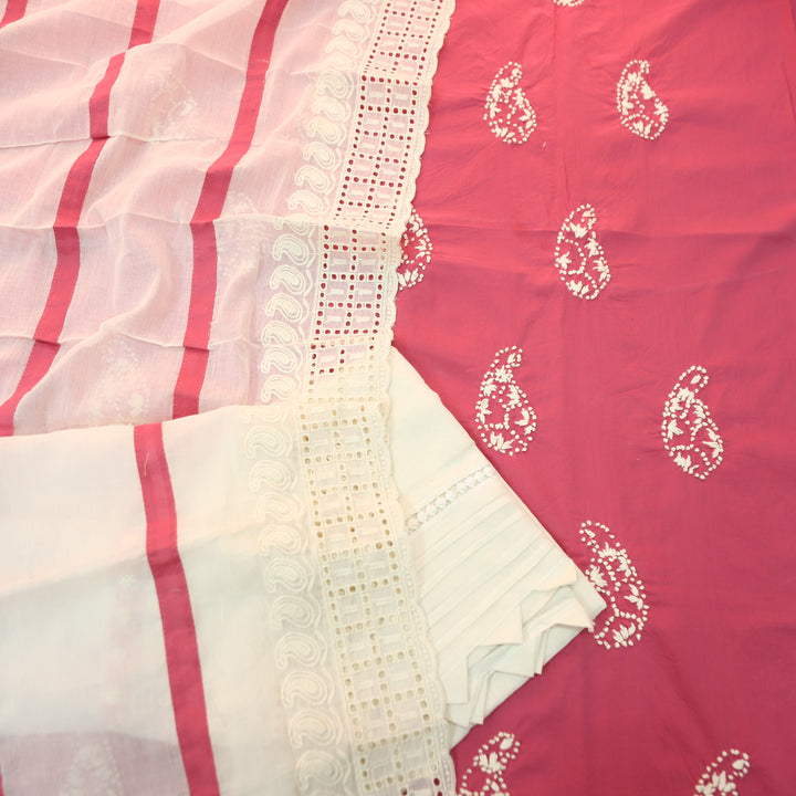 Jiya Flamingo Pink French Knot Detailing Cotton Set