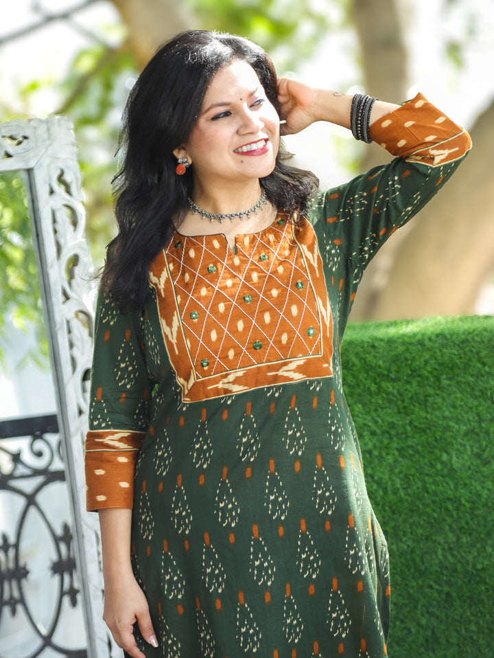Kesariya Pine Green with Peanut Yoke with Mirror Work Ikkat Printed Cotton Kurti
