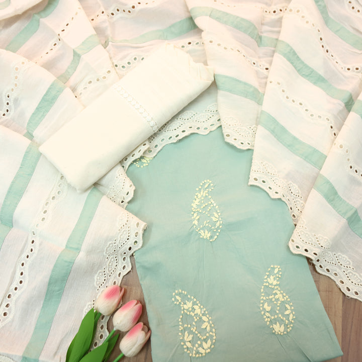 Jiya Sage Green French Knot Detailing Cotton Set