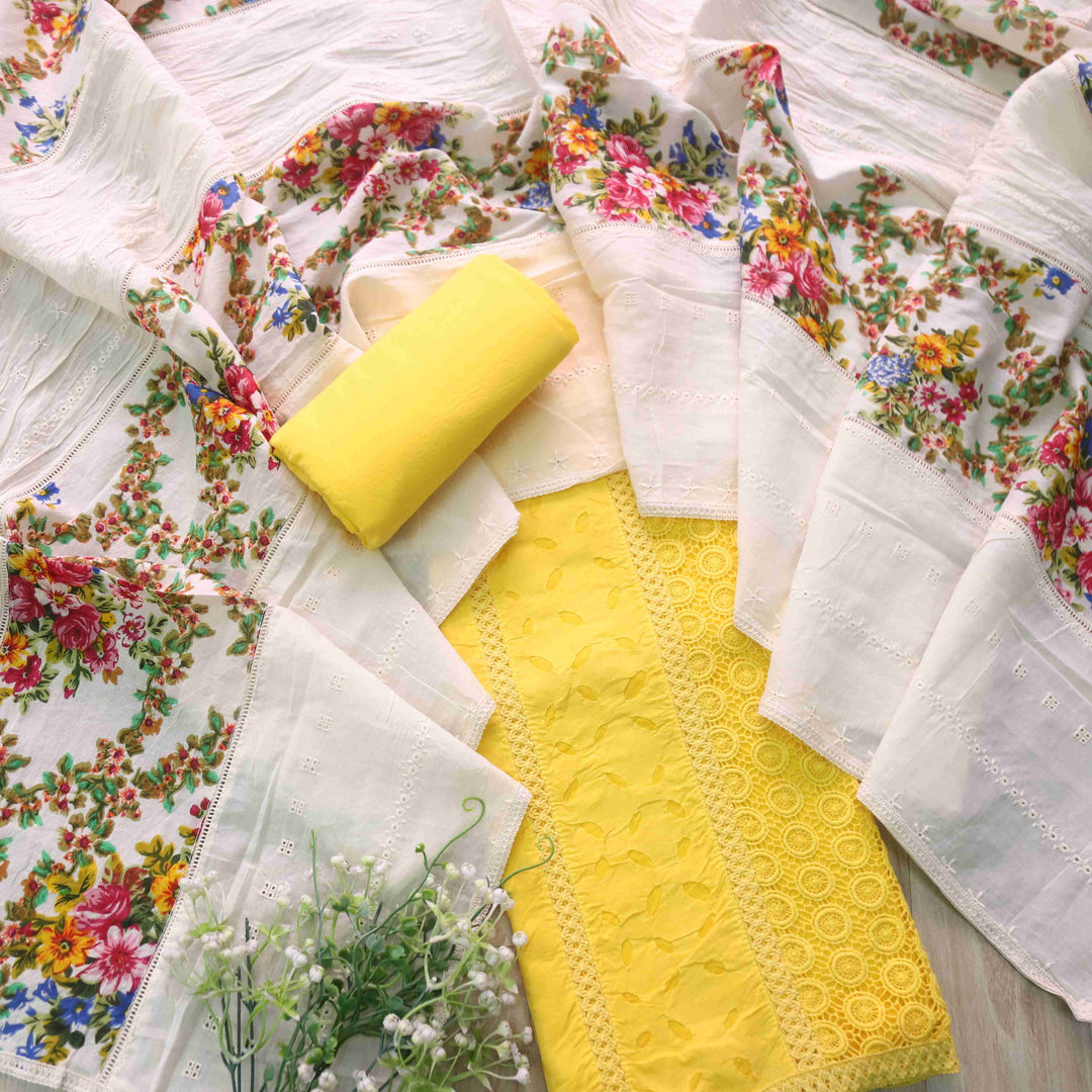 Shabaab Sunflower Yellow Applique Work Lace Work Cotton Suit Set