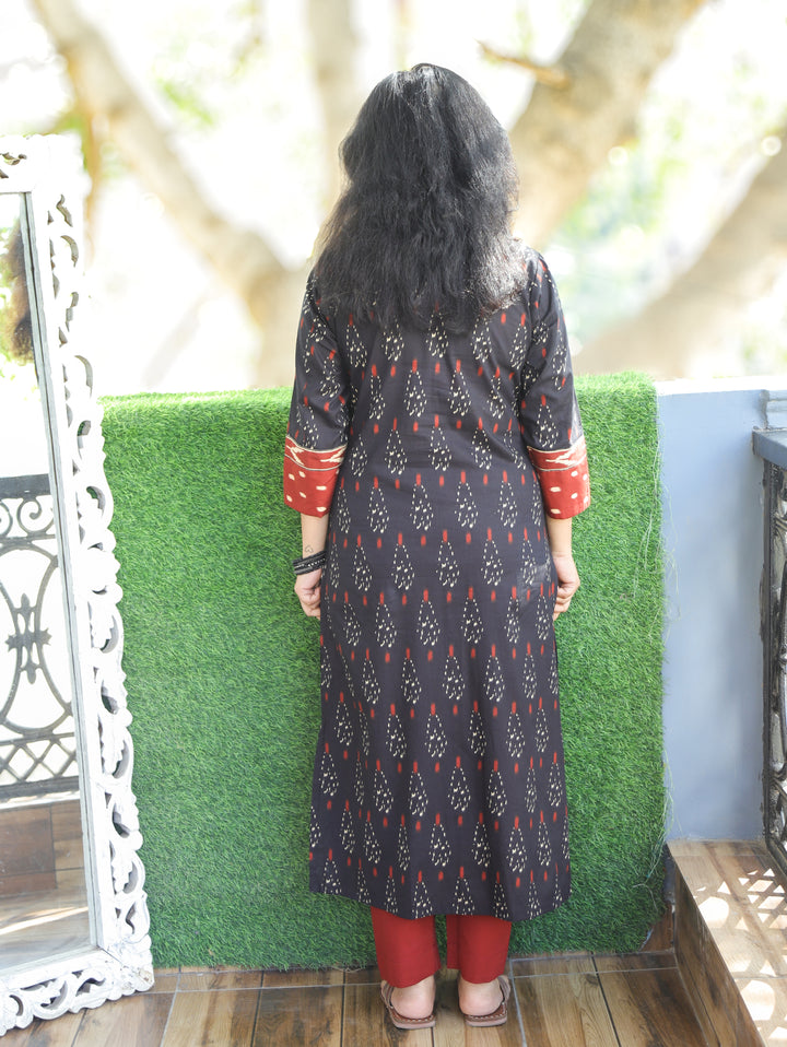Kesariya Faded Black with Barn Rust Yoke with Mirror Work Ikkat Printed Cotton Kurti