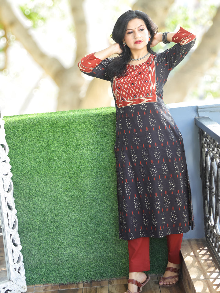 Kesariya Faded Black with Barn Rust Yoke with Mirror Work Ikkat Printed Cotton Kurti