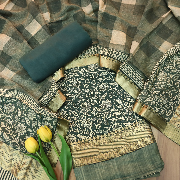 Saarthi Green Floral Printed Zari Weaved Hem Assam Silk Set